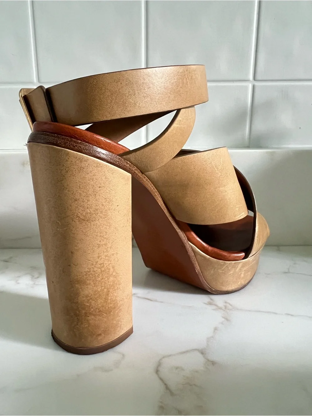Authentic Chloe Tan Crossover Ankle Strap Platform Heels - Women’s 38.5